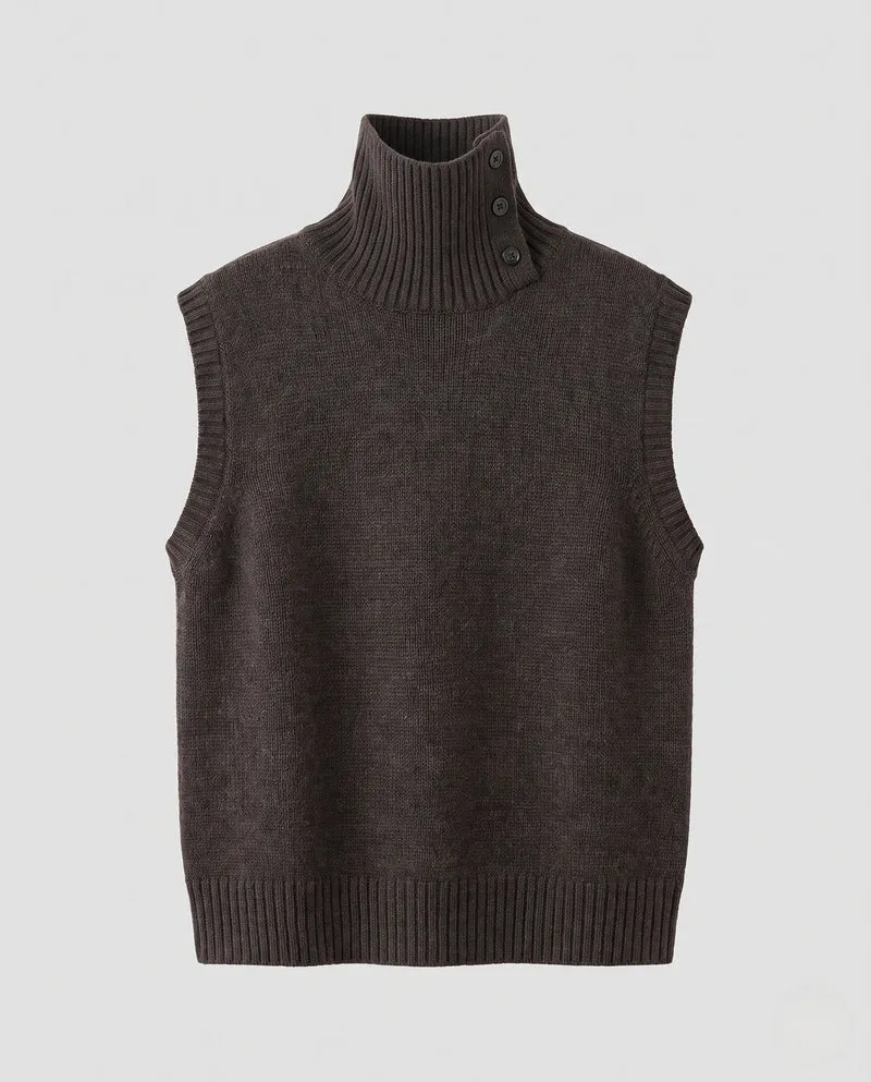 Damen Ärmellose Strickweste mit hohem Stehkragen und dekorativer Knopfblende Nord Taschen