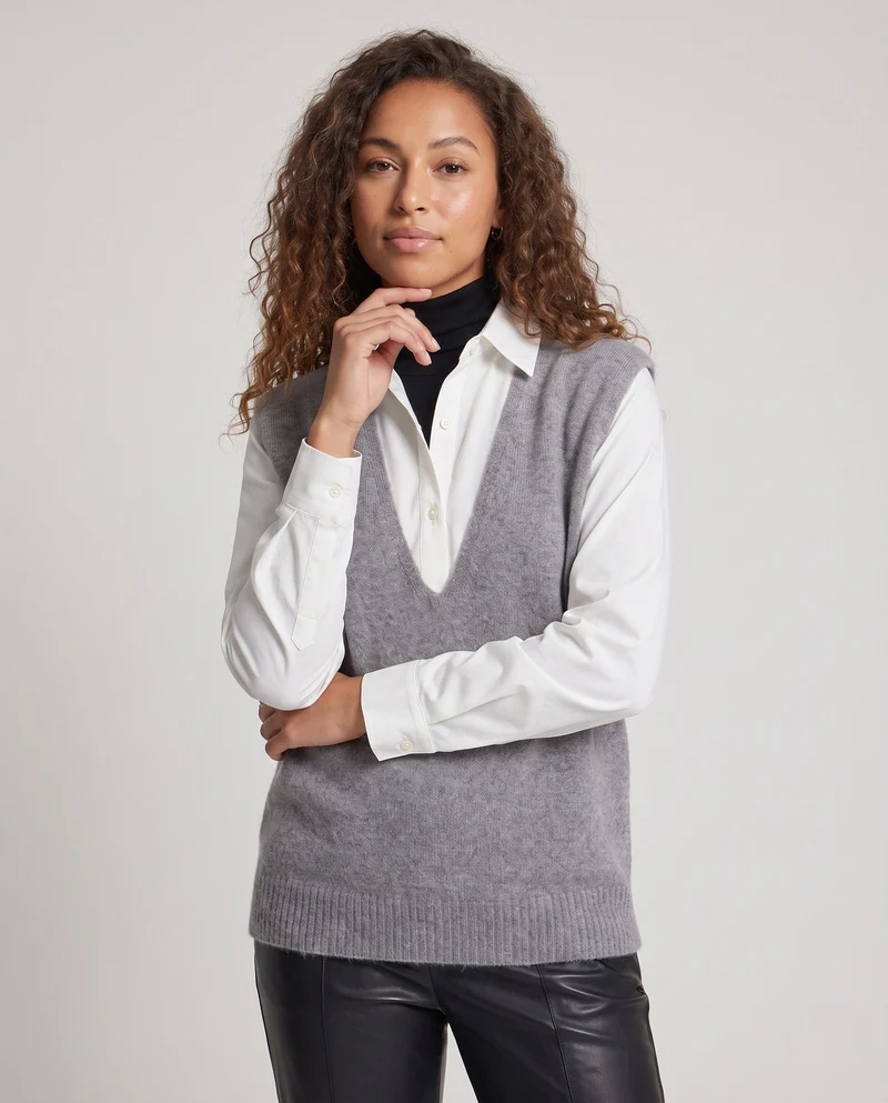 Damen Ärmellose Mohair‑Optik Longweste mit tiefem V‑Ausschnitt und weichem Fall Nord Taschen