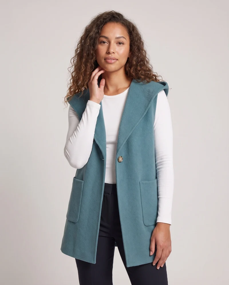Damen Ärmellose Longweste mit Kapuze, weicher Wollmix und aufgesetzten Taschen Nord Taschen