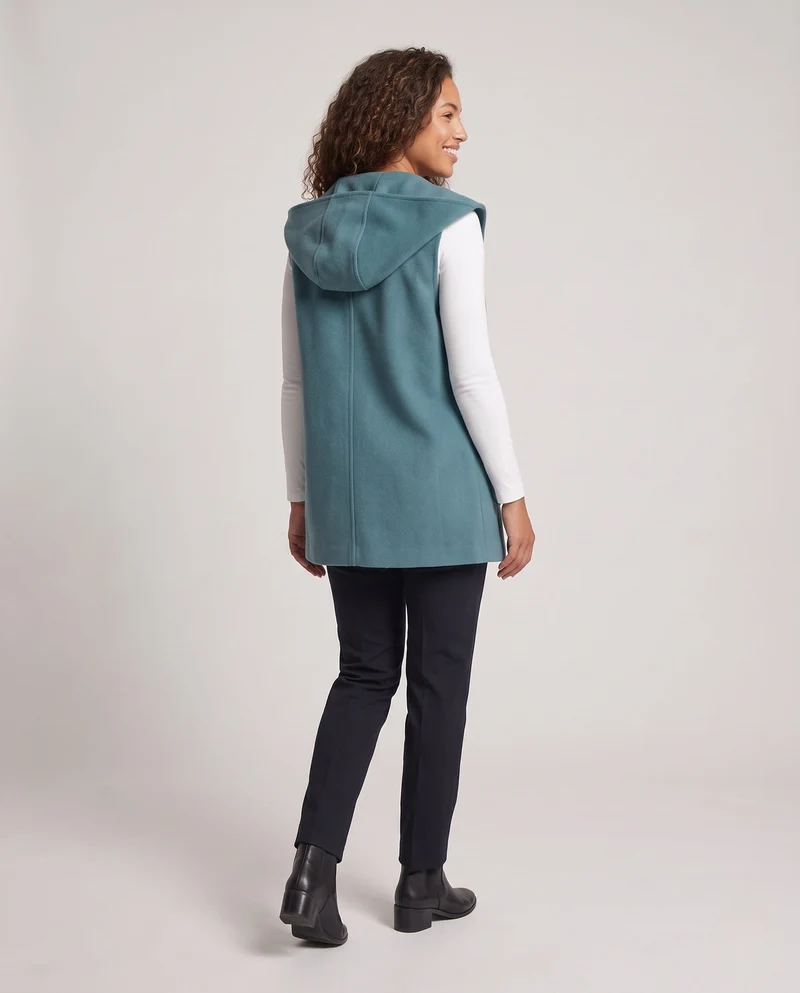 Damen Ärmellose Longweste mit Kapuze, weicher Wollmix und aufgesetzten Taschen Nord Taschen