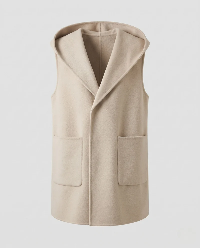 Damen Ärmellose Longweste mit Kapuze, weicher Wollmix und aufgesetzten Taschen Nord Taschen