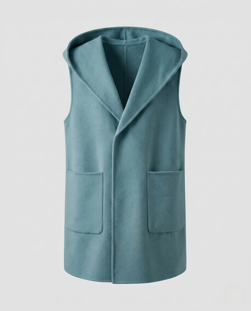 Damen Ärmellose Longweste mit Kapuze, weicher Wollmix und aufgesetzten Taschen Nord Taschen
