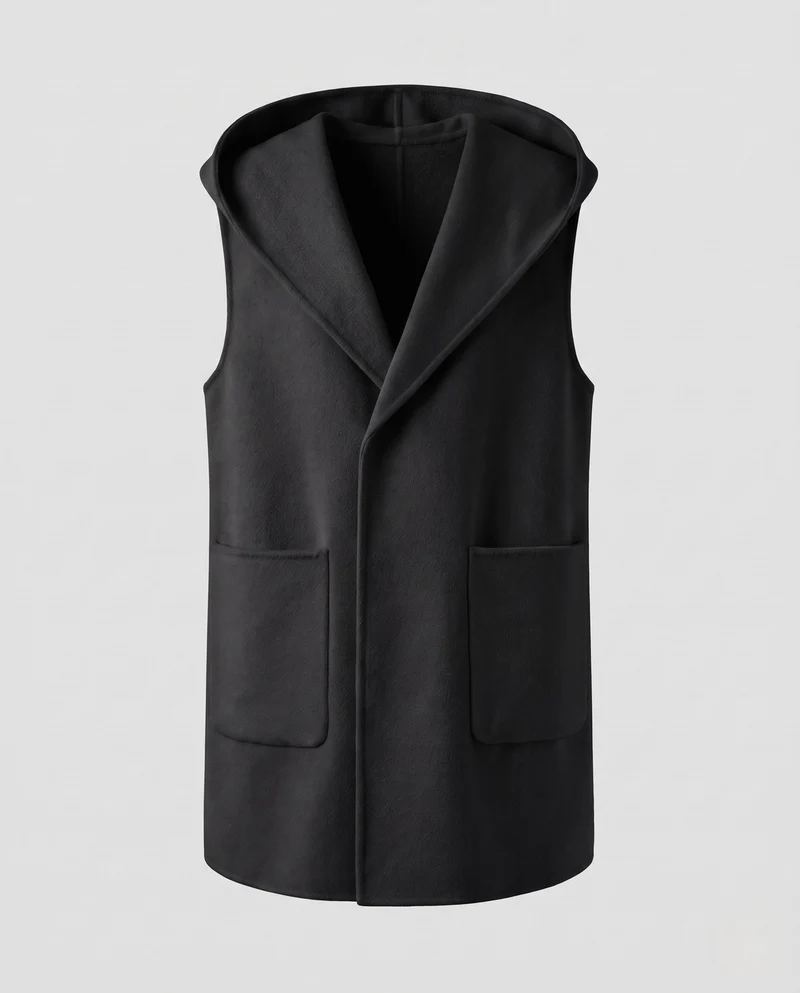 Damen Ärmellose Longweste mit Kapuze, weicher Wollmix und aufgesetzten Taschen Nord Taschen
