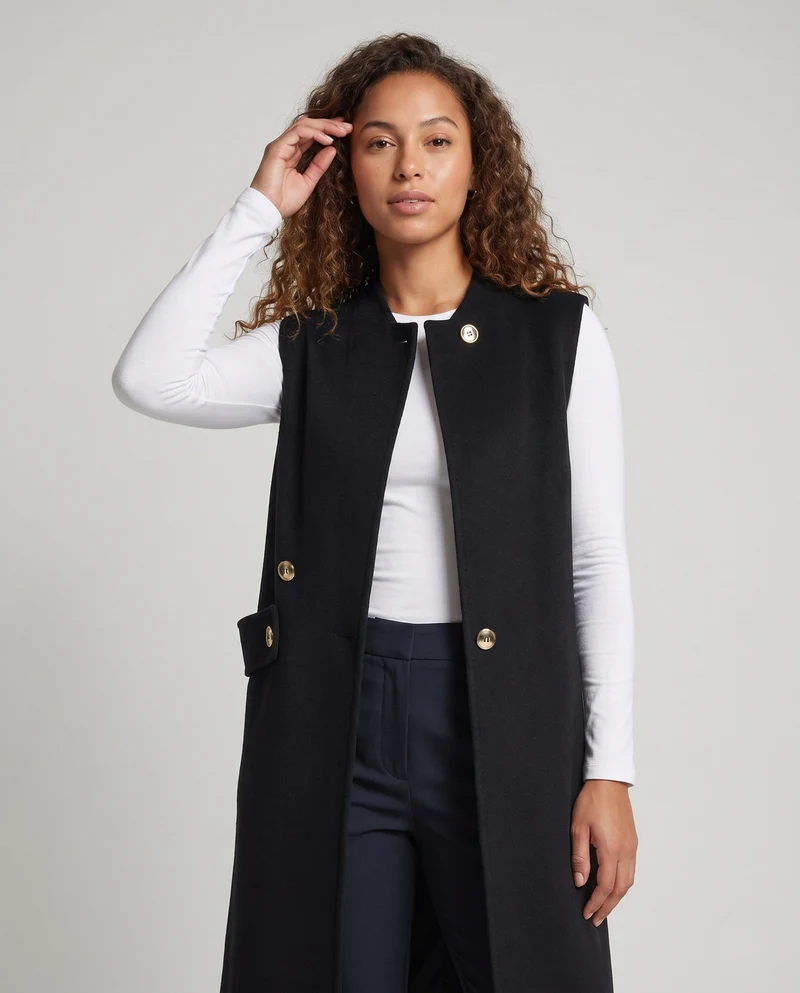 Damen Ärmellose lange Wollmix‑Weste mit Stehkragen und Zierknopfleiste Nord Taschen