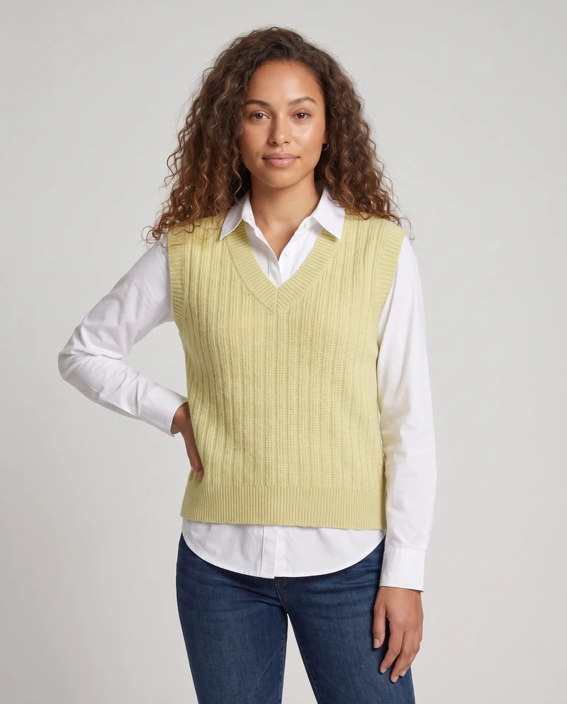 Damen Ärmellose Feinstrickweste mit V-Ausschnitt, feiner Rippenstruktur und kastiger Silhouette Nord Taschen