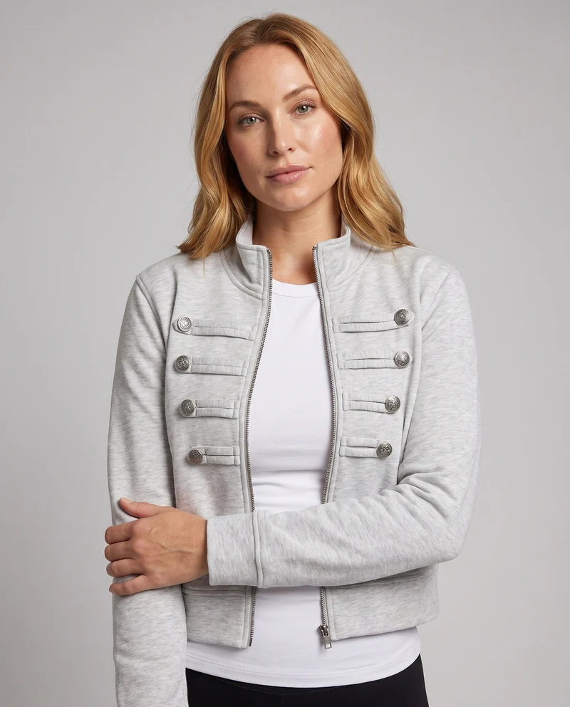 Damen Kurz geschnittener Sweatblouson mit Stehkragen und dekorativen Zierknopfreihen Nord Taschen