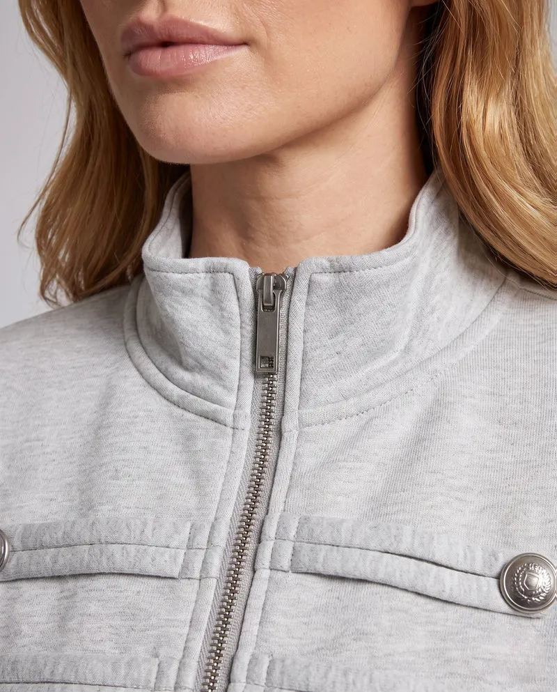Damen Kurz geschnittener Sweatblouson mit Stehkragen und dekorativen Zierknopfreihen Nord Taschen