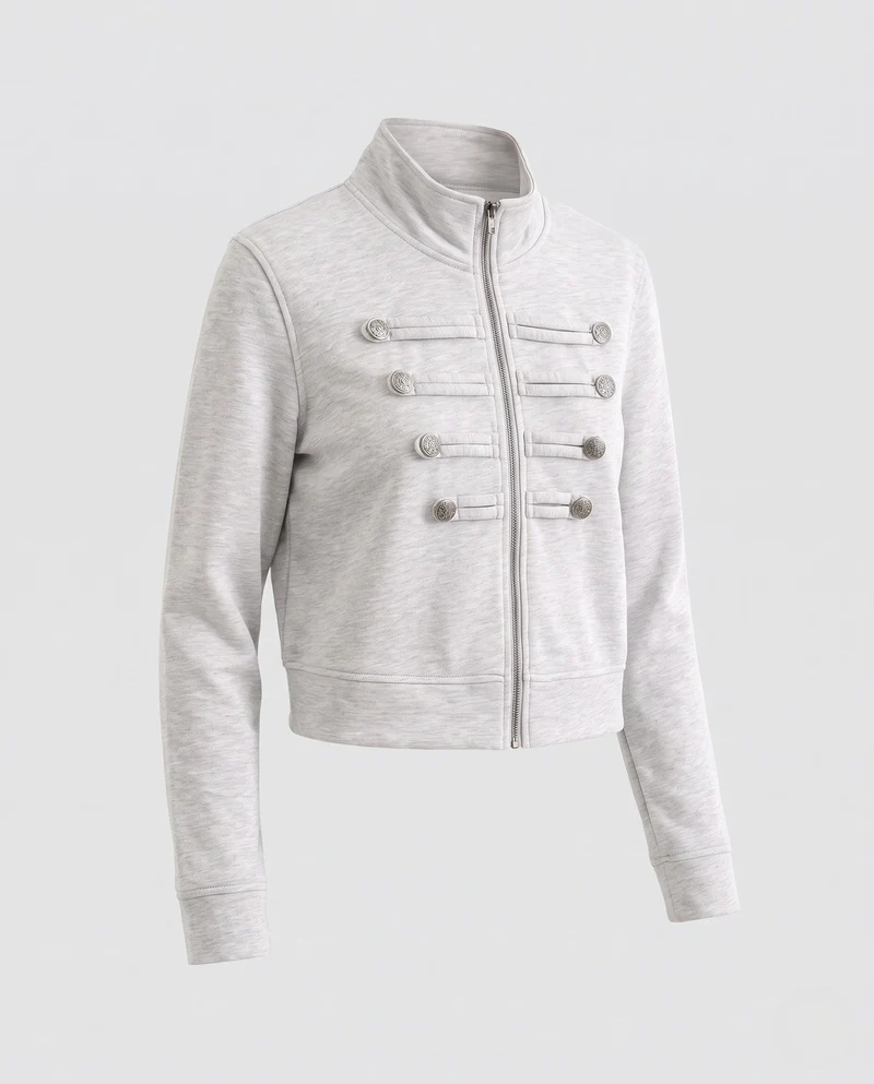 Damen Kurz geschnittener Sweatblouson mit Stehkragen und dekorativen Zierknopfreihen Nord Taschen