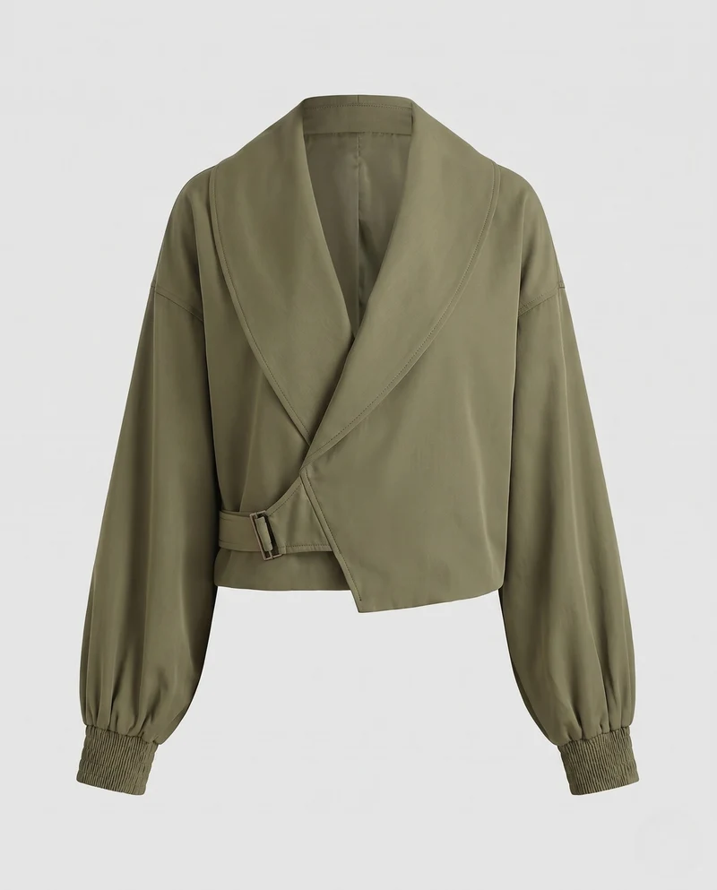 Damen Kurze Cropped-Jacke mit weitem Schalkragen, Wickelverschluss und Ballonärmeln Nord Taschen