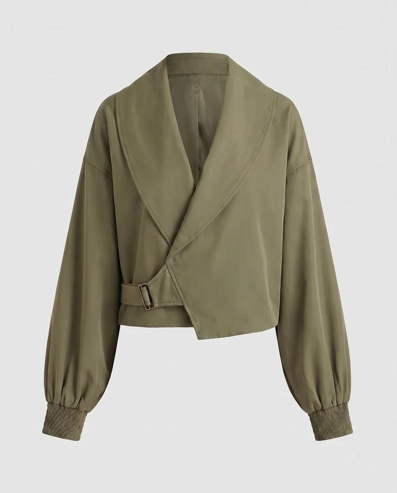 Damen Kurze Cropped-Jacke mit weitem Schalkragen, Wickelverschluss und Ballonärmeln Nord Taschen