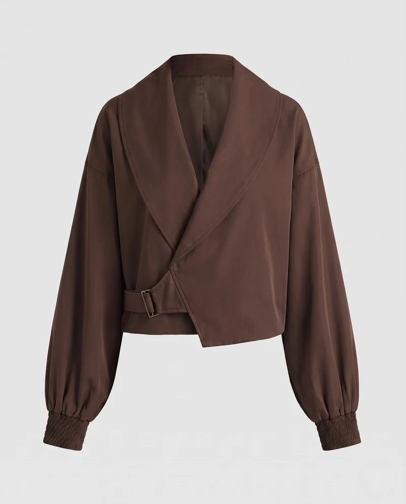 Damen Kurze Cropped-Jacke mit weitem Schalkragen, Wickelverschluss und Ballonärmeln Nord Taschen