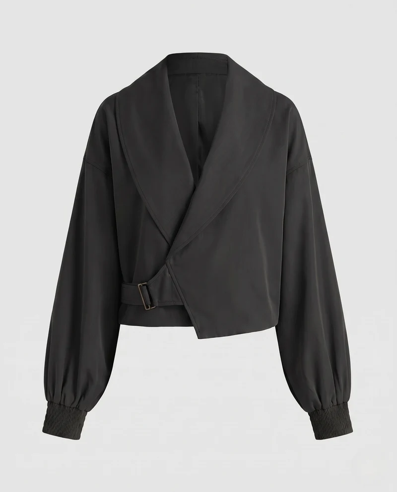 Damen Kurze Cropped-Jacke mit weitem Schalkragen, Wickelverschluss und Ballonärmeln Nord Taschen