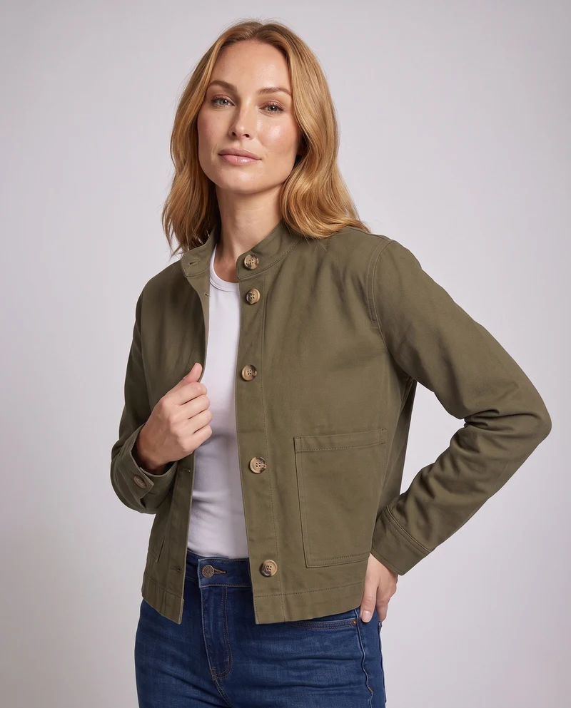 Damen Kurze Boxy-Jeansjacke mit Rundhals und aufgesetzten Taschen Nord Taschen