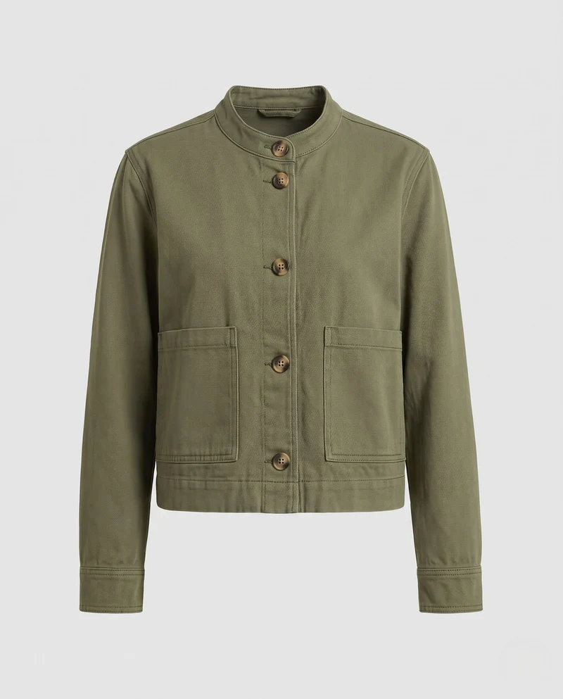Damen Kurze Boxy-Jeansjacke mit Rundhals und aufgesetzten Taschen Nord Taschen
