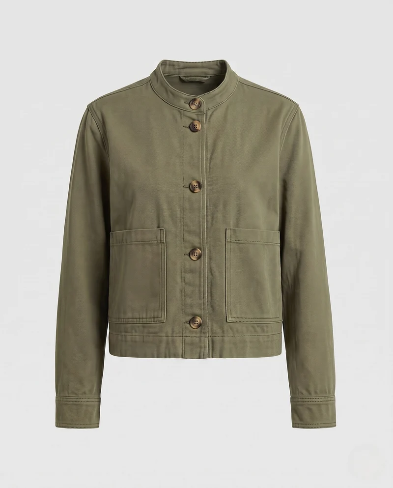 Damen Kurze Boxy-Jeansjacke mit Rundhals und aufgesetzten Taschen Nord Taschen