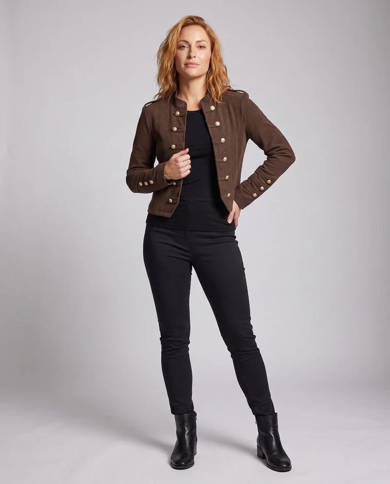 Damen Kurze Military-Jacke im Cropped-Schnitt mit Stehkragen und Zierknopfleiste Nord Taschen