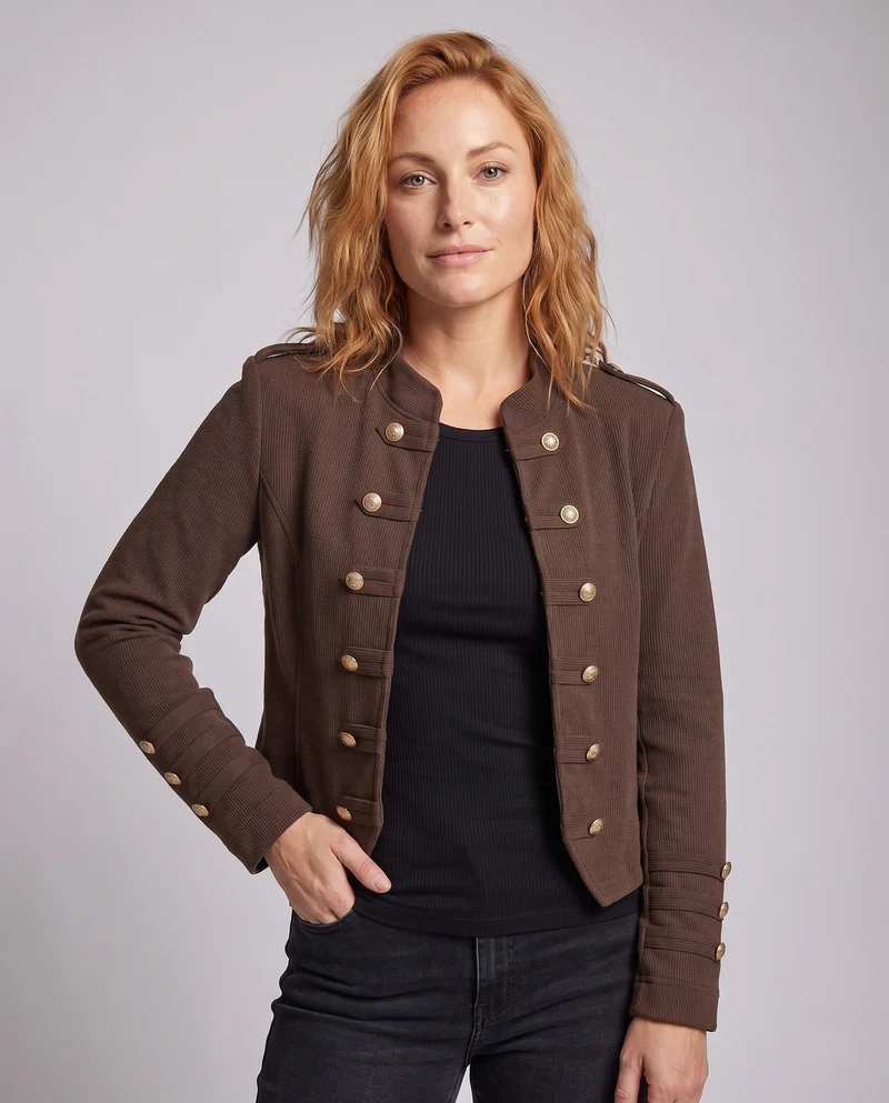 Damen Kurze Military-Jacke im Cropped-Schnitt mit Stehkragen und Zierknopfleiste Nord Taschen