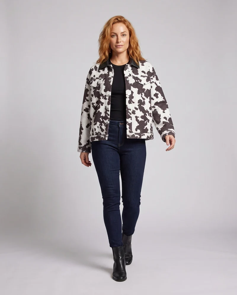 Damen Kurze Trucker-Jacke im Bouclé-Cowprint mit Kunstlederkragen Nord Taschen