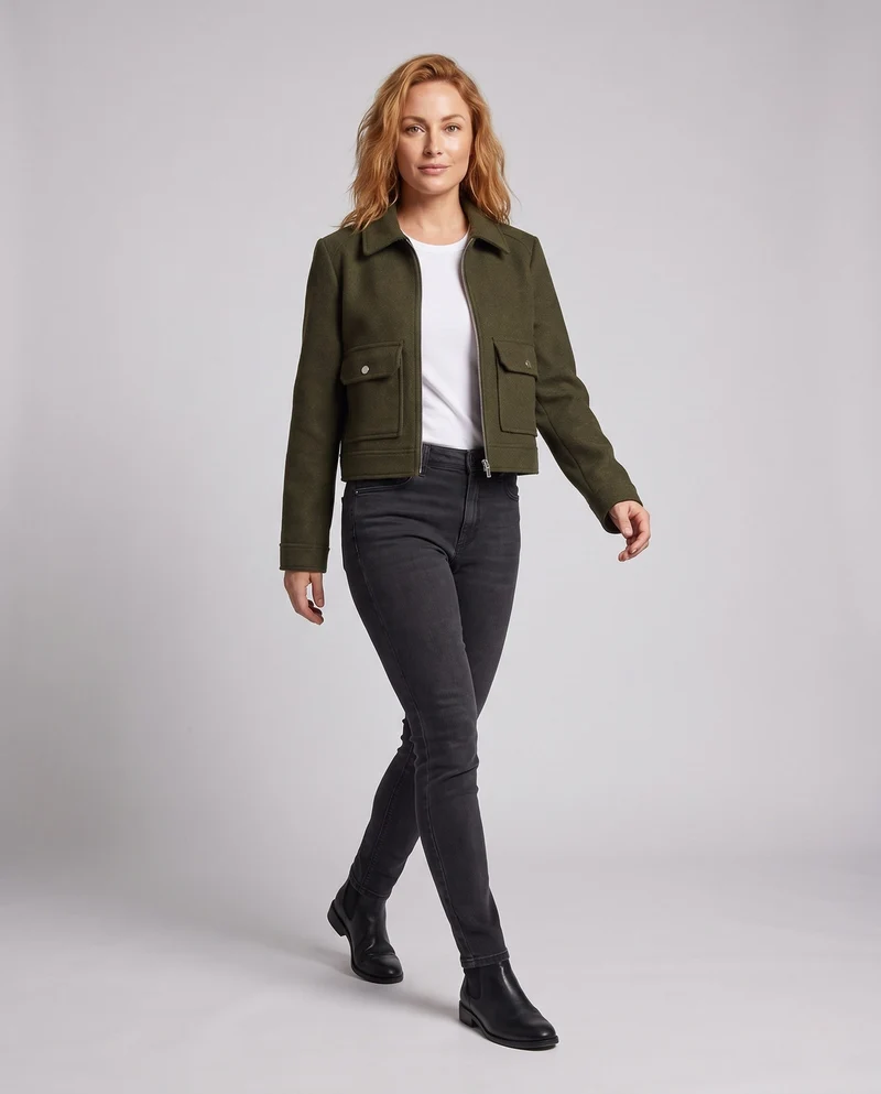 Damen Kurze Wollmix‑Cropped‑Jacke mit Reißverschluss und aufgesetzten Pattentaschen Nord Taschen