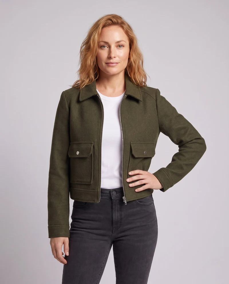 Damen Kurze Wollmix‑Cropped‑Jacke mit Reißverschluss und aufgesetzten Pattentaschen Nord Taschen