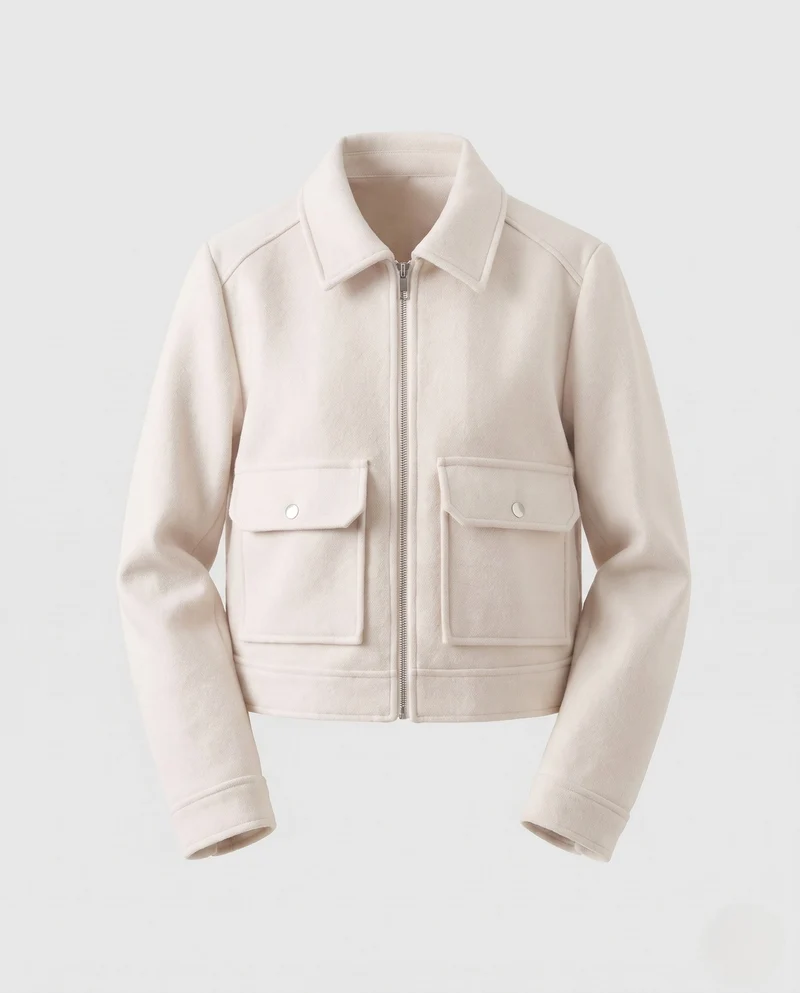 Damen Kurze Wollmix‑Cropped‑Jacke mit Reißverschluss und aufgesetzten Pattentaschen Nord Taschen