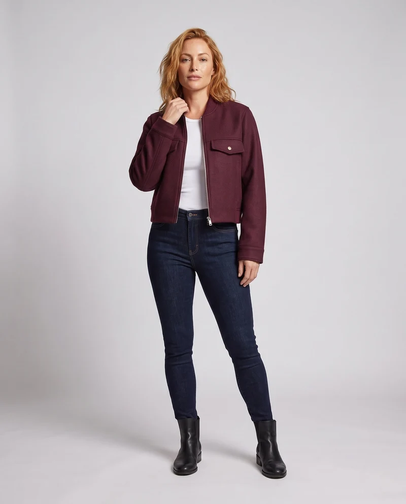 Damen Kurze Wollmix-Bomberjacke mit Reißverschluss, Pattentaschen und Rippkragen Nord Taschen