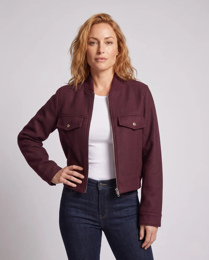 Damen Kurze Wollmix-Bomberjacke mit Reißverschluss, Pattentaschen und Rippkragen Nord Taschen