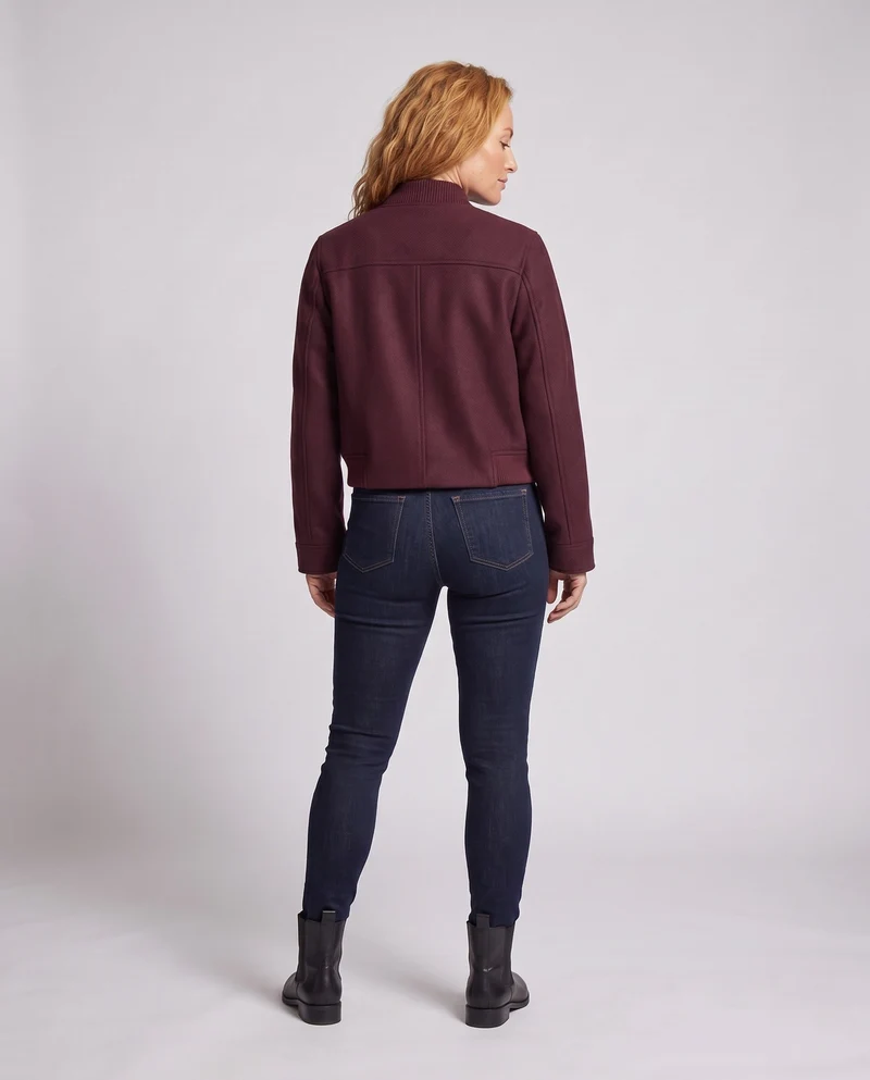 Damen Kurze Wollmix-Bomberjacke mit Reißverschluss, Pattentaschen und Rippkragen Nord Taschen