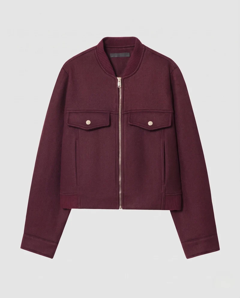 Damen Kurze Wollmix-Bomberjacke mit Reißverschluss, Pattentaschen und Rippkragen Nord Taschen