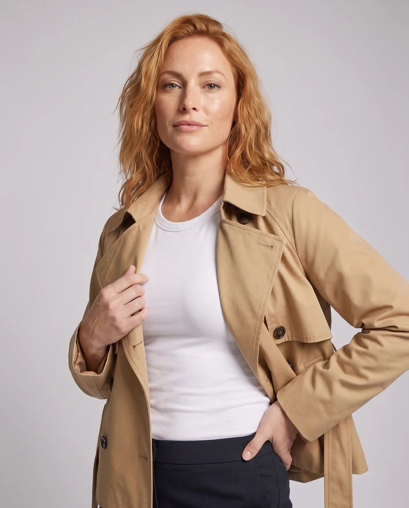Damen Kurzer doppeltreihiger Trenchcoat mit Taillengürtel und weitem Cape‑Ärmel Nord Taschen