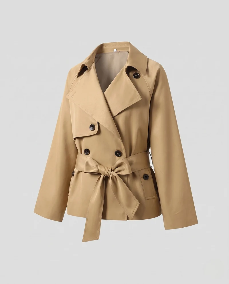 Damen Kurzer doppeltreihiger Trenchcoat mit Taillengürtel und weitem Cape‑Ärmel Nord Taschen