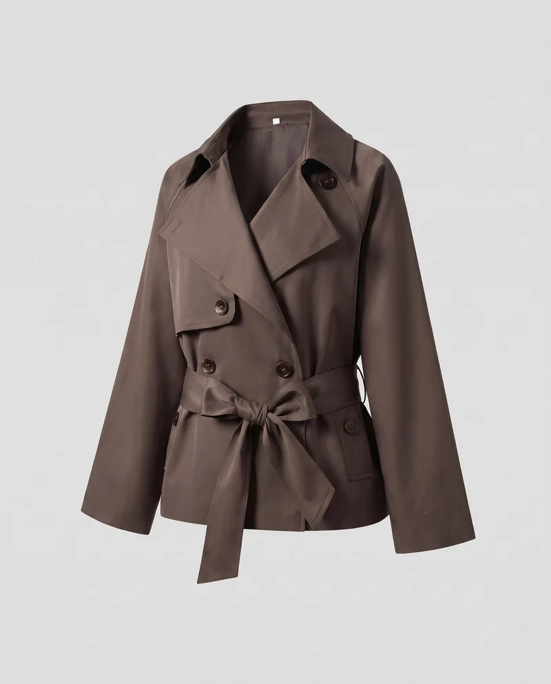 Damen Kurzer doppeltreihiger Trenchcoat mit Taillengürtel und weitem Cape‑Ärmel Nord Taschen