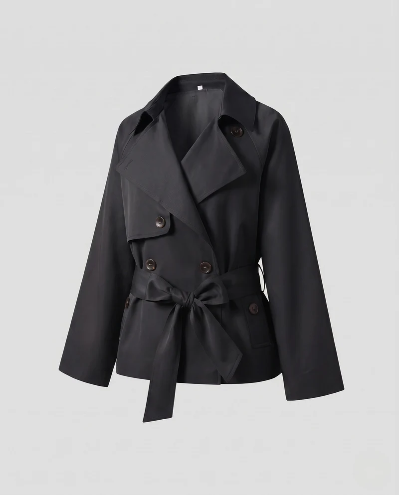 Damen Kurzer doppeltreihiger Trenchcoat mit Taillengürtel und weitem Cape‑Ärmel Nord Taschen