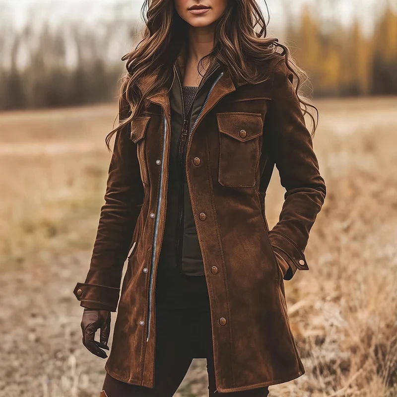 Damen Lange Wildleder-Safari-Jacke mit Pattentaschen und taillierter Silhouette Nord Taschen