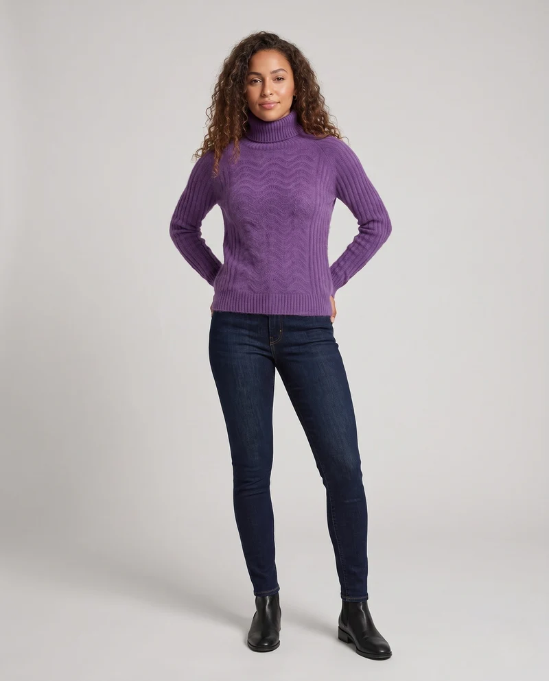 Damen Feiner Rollkragenpullover in Mohair‑Optik mit Ajour‑Front und gerippten Ärmeln Nord Taschen