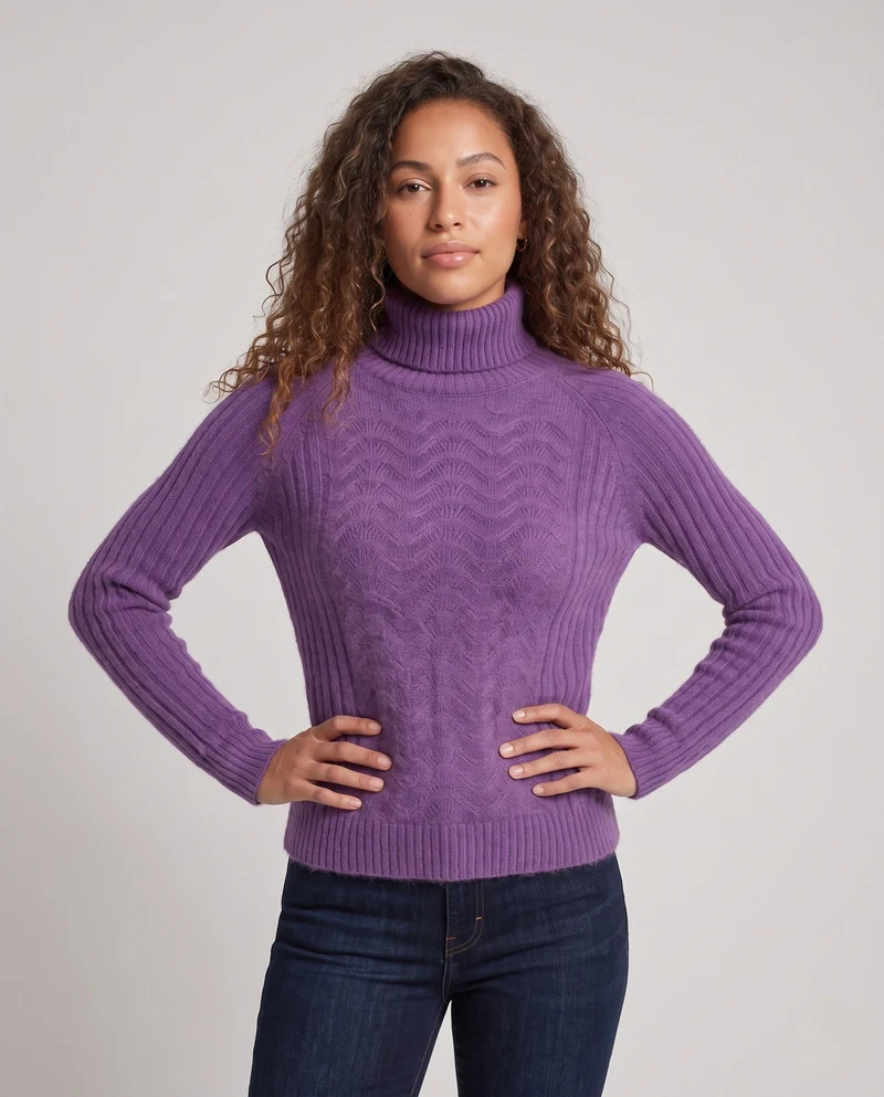 Damen Feiner Rollkragenpullover in Mohair‑Optik mit Ajour‑Front und gerippten Ärmeln Nord Taschen