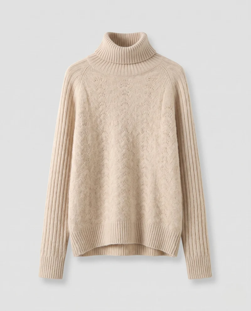 Damen Feiner Rollkragenpullover in Mohair‑Optik mit Ajour‑Front und gerippten Ärmeln Nord Taschen