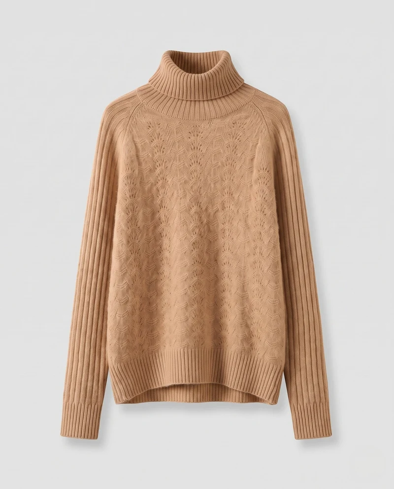 Damen Feiner Rollkragenpullover in Mohair‑Optik mit Ajour‑Front und gerippten Ärmeln Nord Taschen
