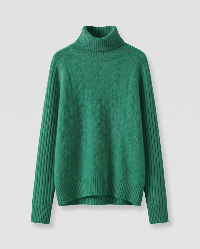 Damen Feiner Rollkragenpullover in Mohair‑Optik mit Ajour‑Front und gerippten Ärmeln Nord Taschen