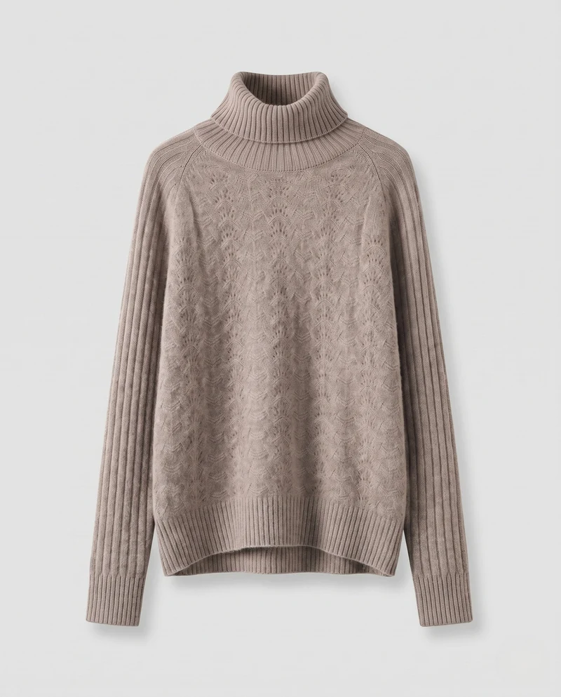 Damen Feiner Rollkragenpullover in Mohair‑Optik mit Ajour‑Front und gerippten Ärmeln Nord Taschen
