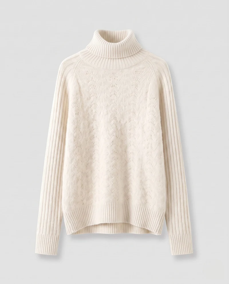 Damen Feiner Rollkragenpullover in Mohair‑Optik mit Ajour‑Front und gerippten Ärmeln Nord Taschen