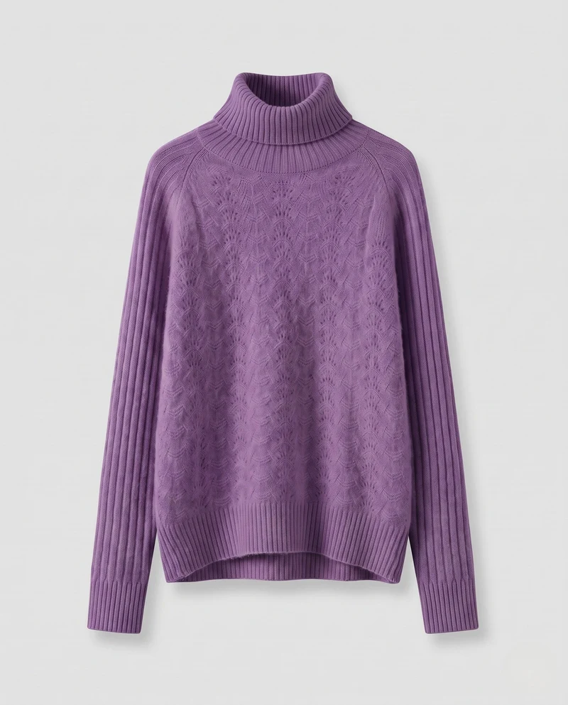 Damen Feiner Rollkragenpullover in Mohair‑Optik mit Ajour‑Front und gerippten Ärmeln Nord Taschen