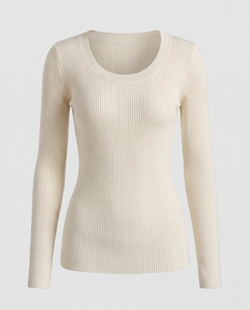 Damen Feiner Rippstrick-Longsleeve mit breitem Rundhalsausschnitt und taillierter Silhouette Nord Taschen