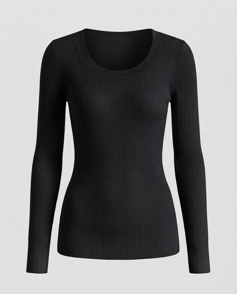 Damen Feiner Rippstrick-Longsleeve mit breitem Rundhalsausschnitt und taillierter Silhouette Nord Taschen