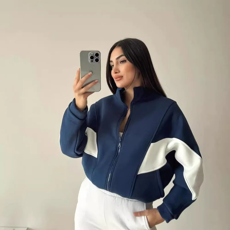 Damen Kurz geschnittener Stehkragen-Reißverschluss-Hoodie im Colorblock-Sportstyle Nord Taschen