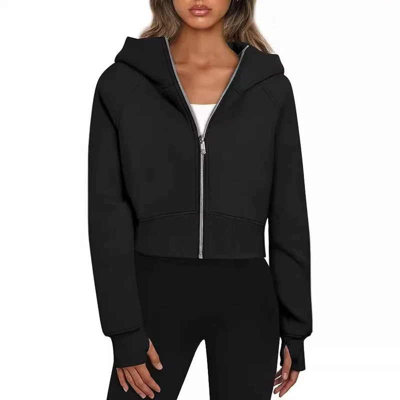 Damen Kurz geschnittener Performance-Kapuzenpullover mit durchgehendem Reißverschluss und Daumenlochbündchen Nord Taschen