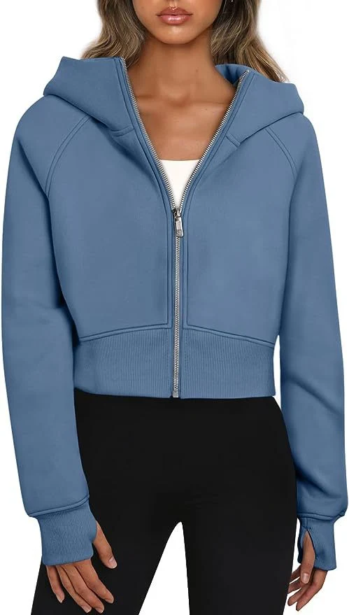 Damen Kurz geschnittener Performance-Kapuzenpullover mit durchgehendem Reißverschluss und Daumenlochbündchen Nord Taschen