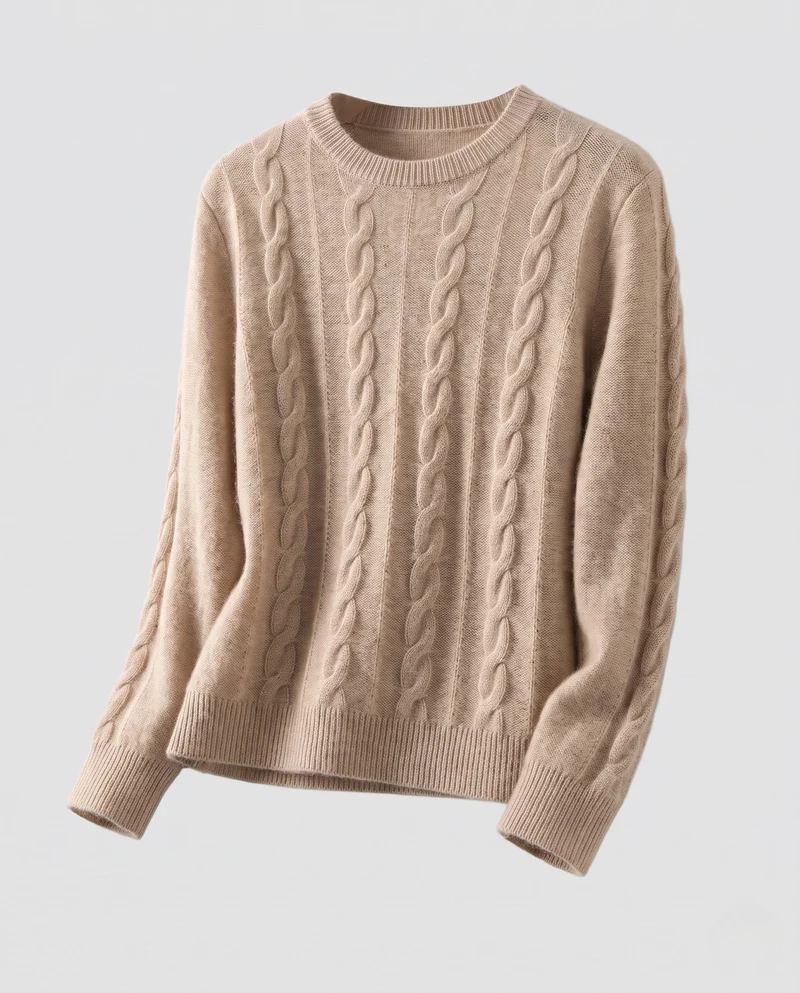 Damen Flauschiger Zopfmuster-Pullover aus Mohair‑Optik mit Rundhalsausschnitt Nord Taschen