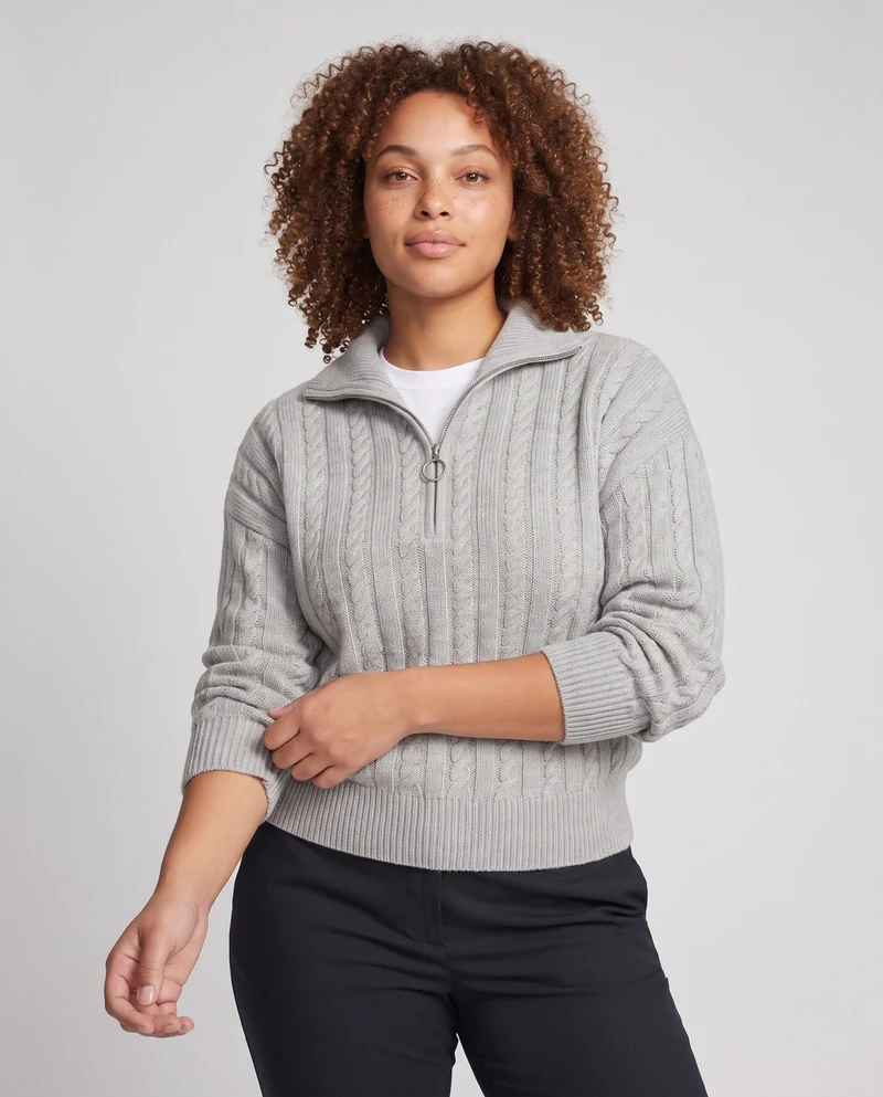 Damen Geflochtener Halbzip-Zopfstrickpullover mit Stehkragen Nord Taschen