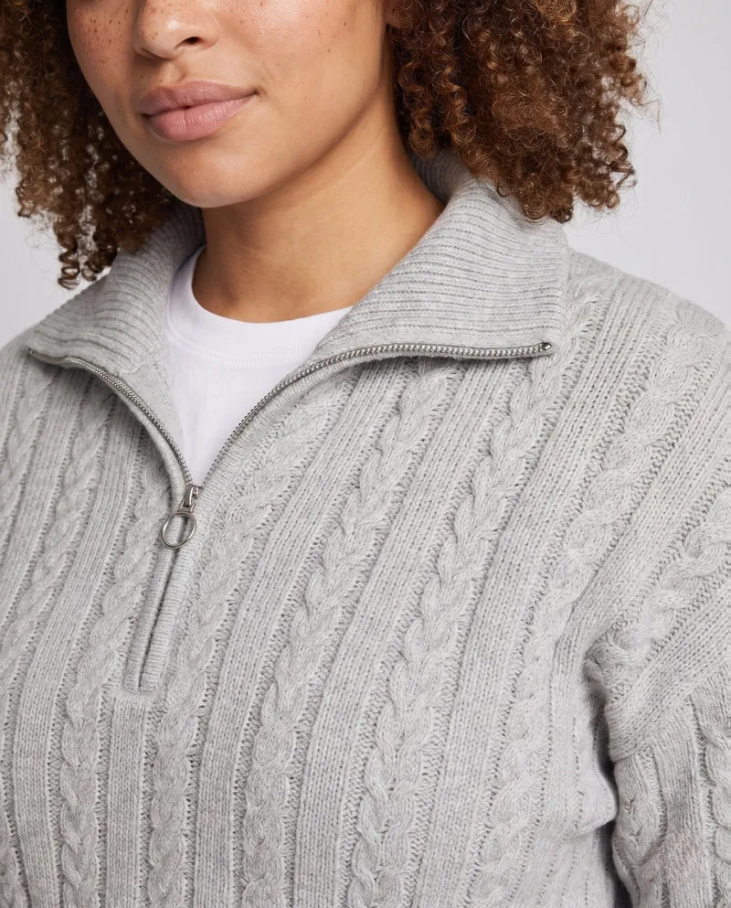 Damen Geflochtener Halbzip-Zopfstrickpullover mit Stehkragen Nord Taschen